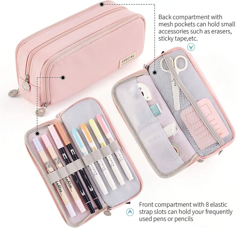 ketmart Large Capacity Pencil Case Organizer Pen Marker Holder Double Zipper Storage Bag Big Pencil Pouch for College School Office Teen Girl Boy Women Men Adult (Color_Pink) - Image 4