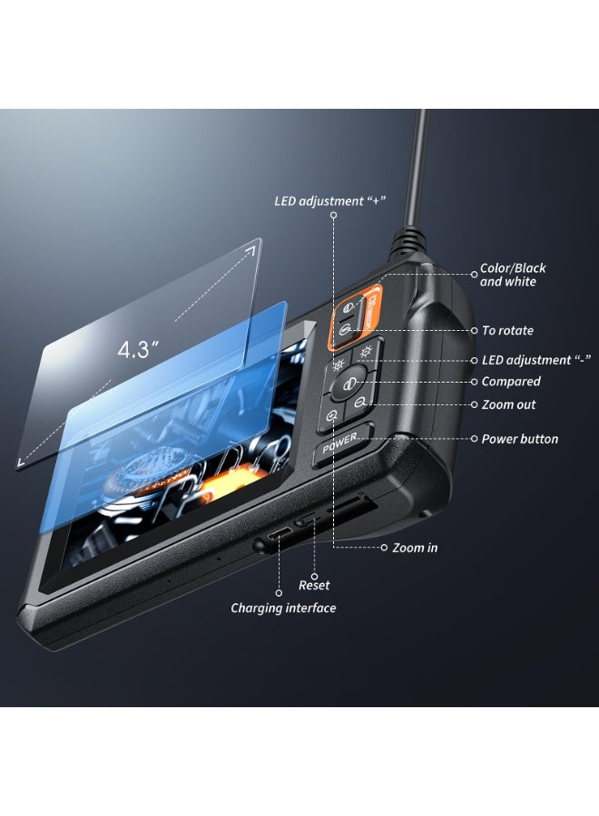 Endoscope Camera with Light - 1920P HD Inspection Borescope with 4.3" IPS Screen, 8 LED Lights, 16.4ft Semi-Rigid Range, Waterproof - Image 2