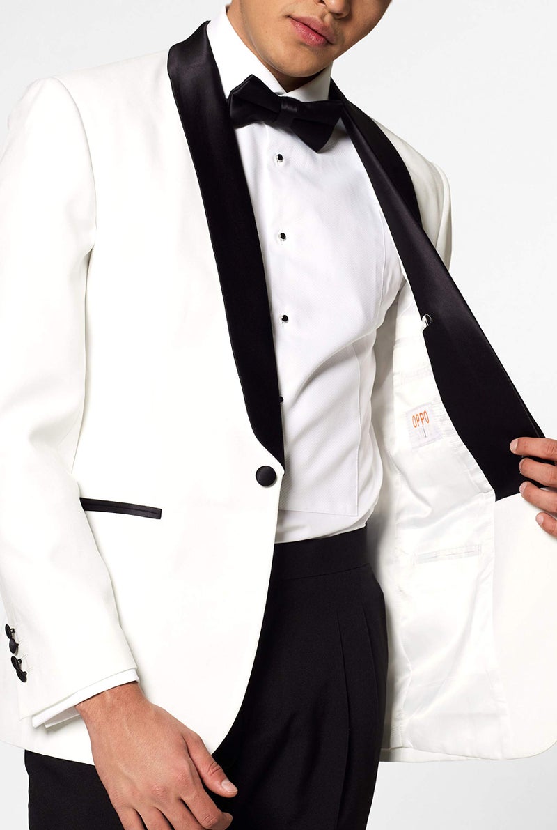 Opposuits Men's Formal Outfit - Premium Tuxedo Suit - Christmas - Slim Fit - White and Black - Includes Blazer, Pants and Bow tie - Image 4