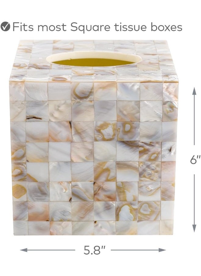 Tissue Box Cover Square – Decorative Square Tissue Box Holder For Bathroom Finished In Beautiful Mother Of Pearl Shells - Tissues Cube Box Cover With Durable Bottom Slider