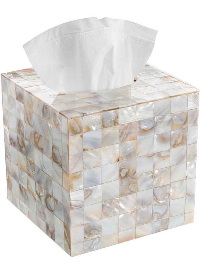 Tissue Box Cover Square – Decorative Square Tissue Box Holder For Bathroom Finished In Beautiful Mother Of Pearl Shells - Tissues Cube Box Cover With Durable Bottom Slider