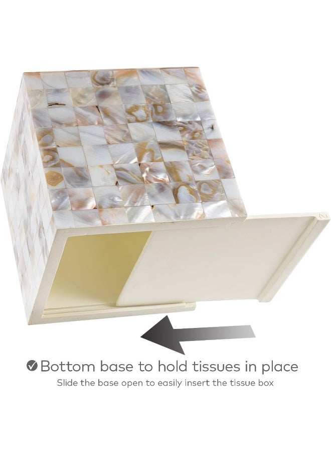 Tissue Box Cover Square – Decorative Square Tissue Box Holder For Bathroom Finished In Beautiful Mother Of Pearl Shells - Tissues Cube Box Cover With Durable Bottom Slider