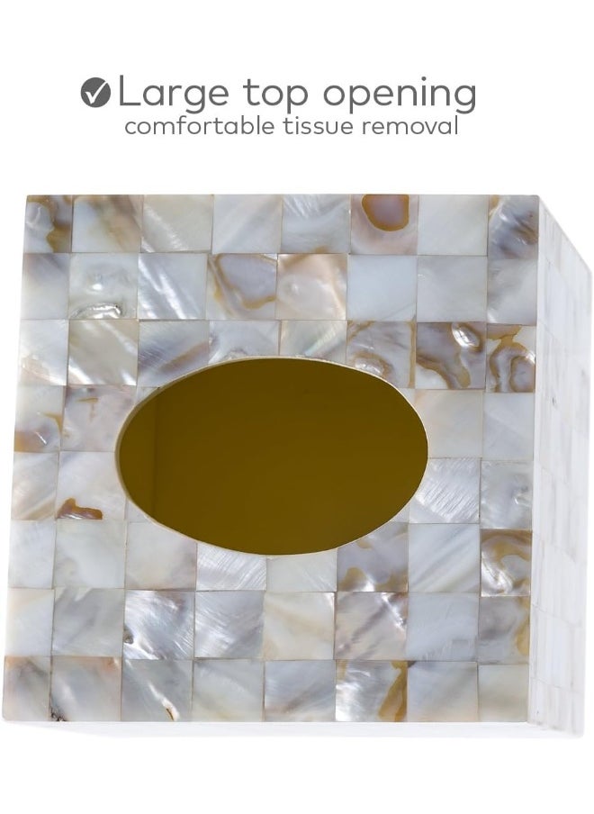 Tissue Box Cover Square – Decorative Square Tissue Box Holder For Bathroom Finished In Beautiful Mother Of Pearl Shells - Tissues Cube Box Cover With Durable Bottom Slider