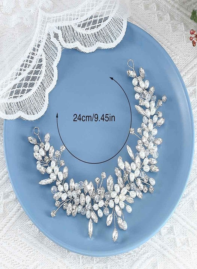 Gorais Crystal Bride Wedding Hair Vine Silver Pearl Bridal Headpiece Rhinestone Headband Hair Accessories for Women and Girls, Large, Pearl - Image 2