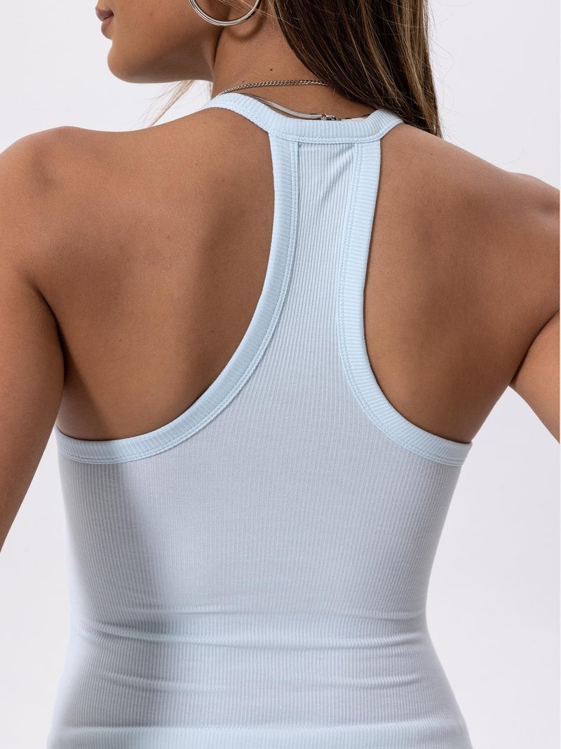 Danysu V Neck Racerback Tank Top for Women with Built in Bra Ribbed Long Tank Fitted Basic Cami Tops Blue Ice M - Image 2