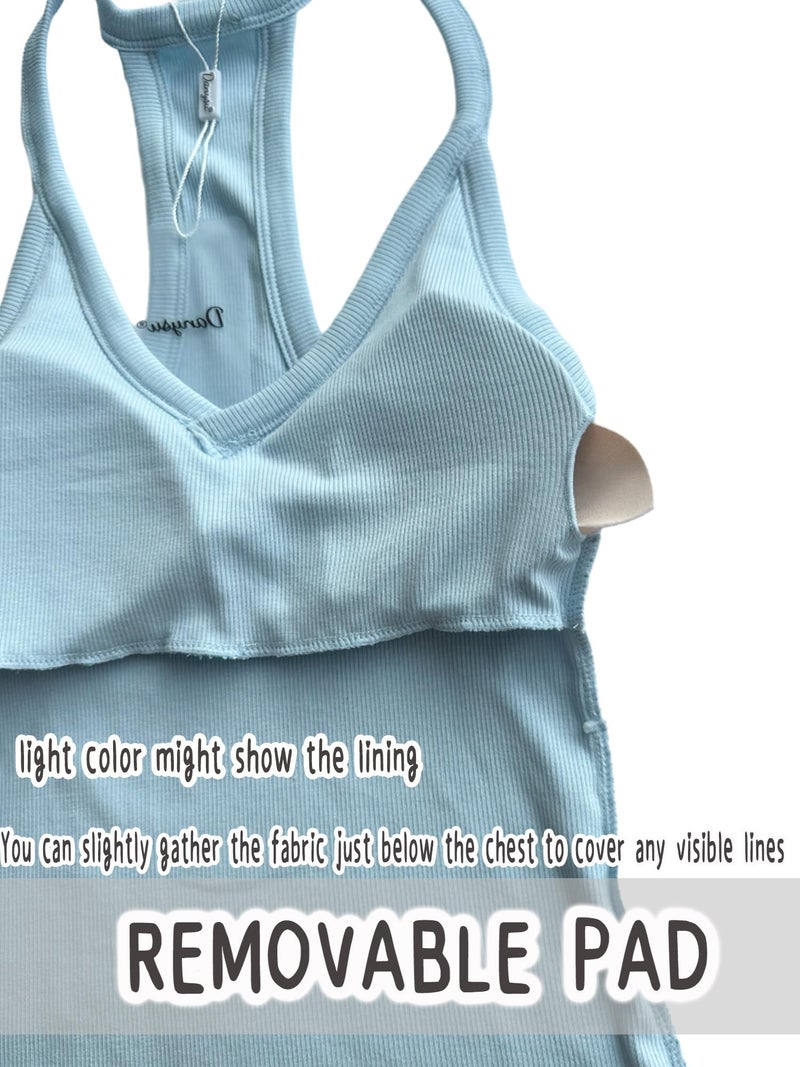 Danysu V Neck Racerback Tank Top for Women with Built in Bra Ribbed Long Tank Fitted Basic Cami Tops Blue Ice M - Image 5