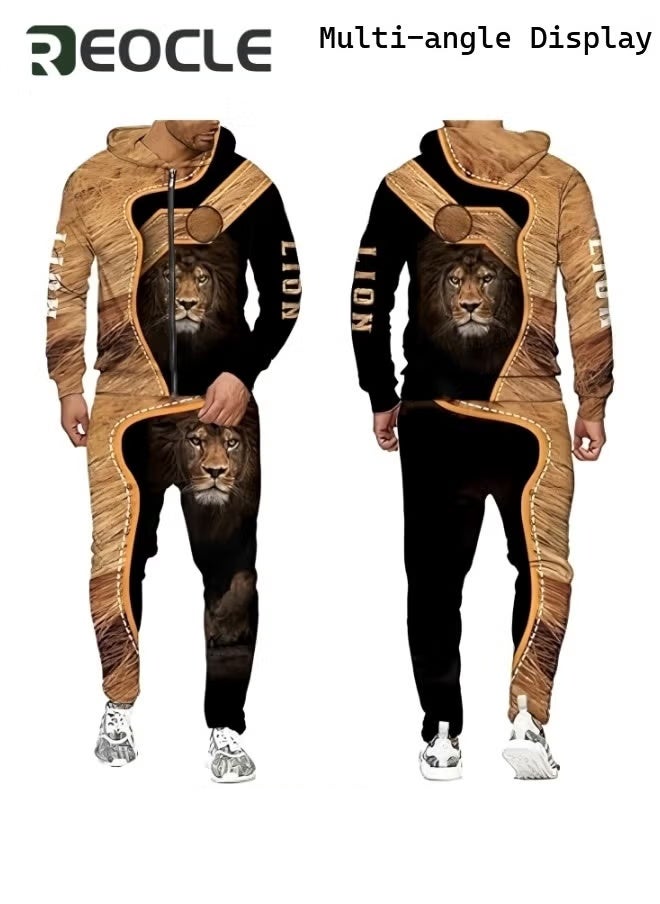ريوكل طقم هودي رجالي مكون من قطعتين، سويت شيرت، بقلنسوة بأكمام طويلة، مطبوع ثلاثي الأبعاد، مع سحاب، بنطال رياضي، بدلة كاجوال - Image 2