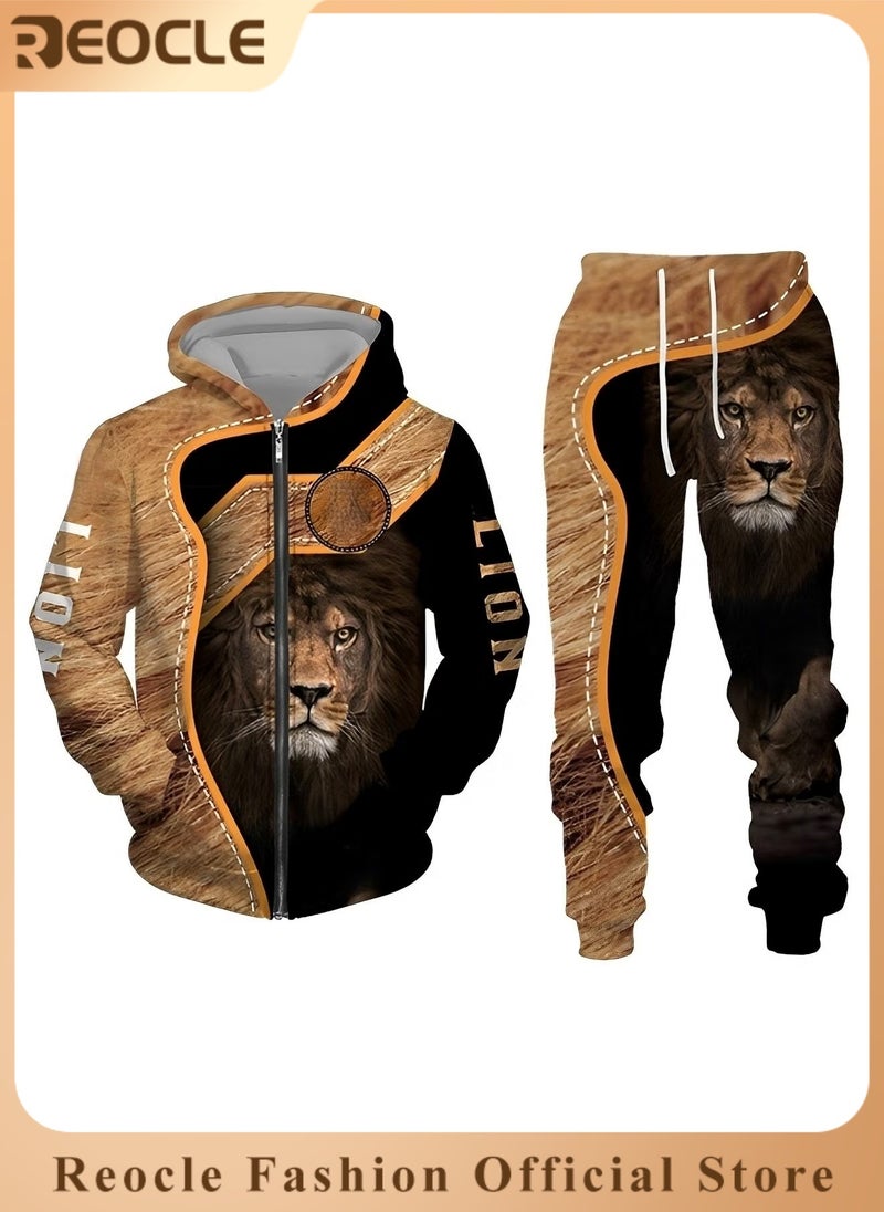 ريوكل طقم هودي رجالي مكون من قطعتين، سويت شيرت، بقلنسوة بأكمام طويلة، مطبوع ثلاثي الأبعاد، مع سحاب، بنطال رياضي، بدلة كاجوال - Image 1