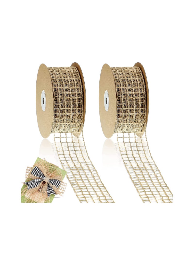 2 Rolls Mesh Burlap Wired Ribbon Open Weave Burlap Net Ribbon Fabric Ribbon DIY Craft Ribbon for Wrapping Bow Wreath DIY Crafts Party Home Decors 20 Yards x 2 Inch - Image 1