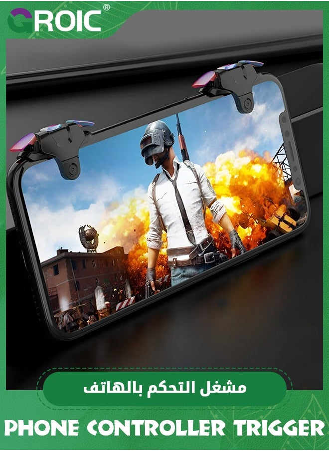 GROIC - 1 زوج من الزناد الأسود للهواتف المحمولة، وحدة تحكم في الألعاب لأجهزة iPhone و Android، تمكنك من التحكم بأربعة أصابع في اللعب، مع أزرار حساسة للتصويب والإطلاق في الألعاب مثل Fornite/Knives Out/Rules of Survival. - Image 1