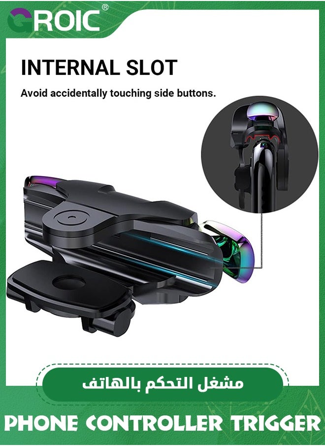 GROIC - 1 زوج من الزناد الأسود للهواتف المحمولة، وحدة تحكم في الألعاب لأجهزة iPhone و Android، تمكنك من التحكم بأربعة أصابع في اللعب، مع أزرار حساسة للتصويب والإطلاق في الألعاب مثل Fornite/Knives Out/Rules of Survival. - Image 1