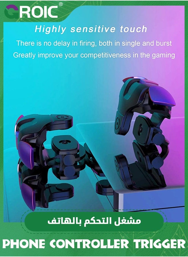 GROIC - 1 زوج من الزناد الأسود للهواتف المحمولة، وحدة تحكم في الألعاب لأجهزة iPhone و Android، تمكنك من التحكم بأربعة أصابع في اللعب، مع أزرار حساسة للتصويب والإطلاق في الألعاب مثل Fornite/Knives Out/Rules of Survival. - Image 1