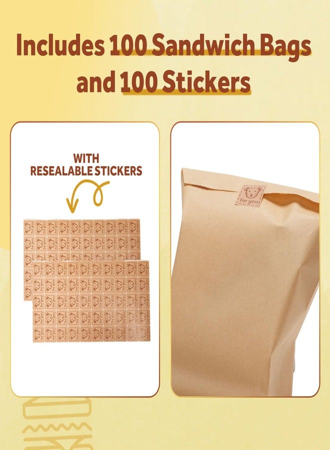 Volokitx 100-Pack 6x8 Inch Kraft Paper Sandwich Bags with 100 Bear Stickers for Sealing, –Small Paper Snack Bags for Sandwiches, Bakery, Cookies & Snacks - Image 2