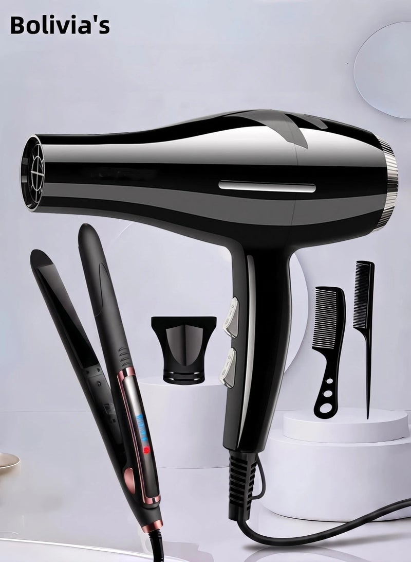 Bolivia's 5-Piece Professional Hair Dryer With Straightener Set Black, 15s Fast Heating Ceramic Flat Iron & 6-in-1 Ionic Fast Drying Blow Dryer, Salon Grade Multi-Settings Hair Tool Kit for All Hair Types - Image 1