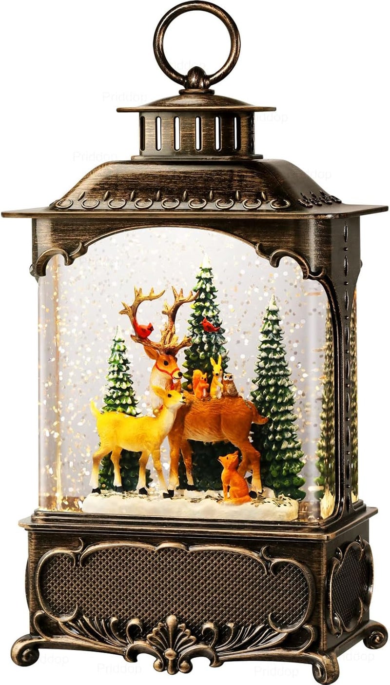 Priddop Deer Snow Globe Christmas Decorations Gifts Reindeer Cardinal Rabbit Owl Squirrel Forest USB/Battery Timer Music Glitter Snowfall Lantern 10.2 inch - Image 1