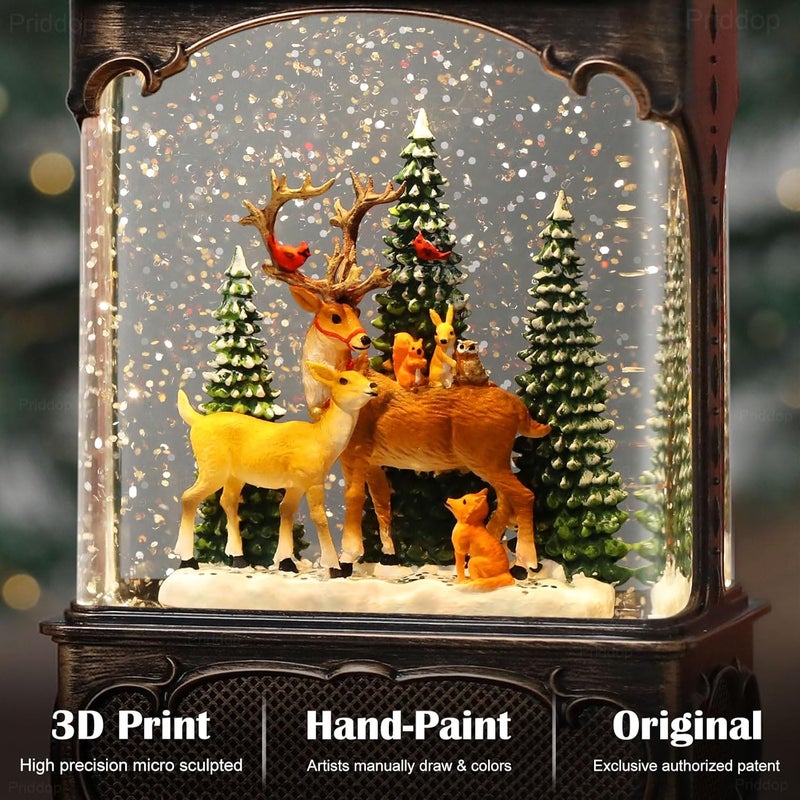 Priddop Deer Snow Globe Christmas Decorations Gifts Reindeer Cardinal Rabbit Owl Squirrel Forest USB/Battery Timer Music Glitter Snowfall Lantern 10.2 inch - Image 2
