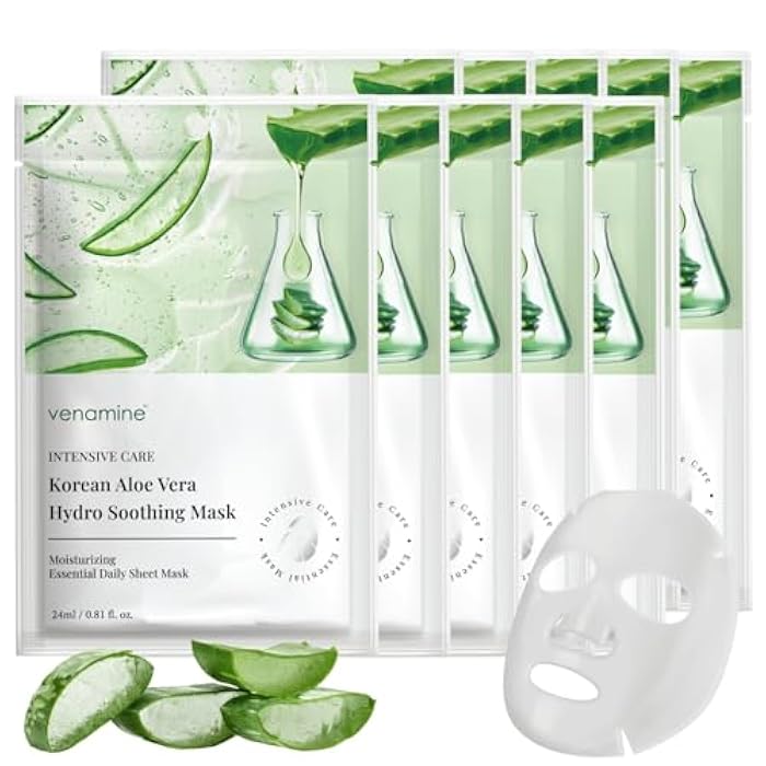 VENAMINE Korean Aloe Vera Hydro Soothing Face Masks, Moisturizing Sheet Mask for Sensitive Skin, 0.81 fl. oz (10 sheet) - Image 1