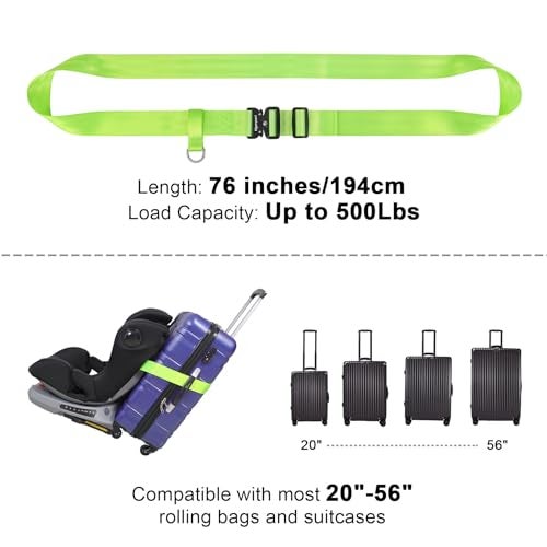 Vigorport Travel Belt, Luggage Strap to Convert Carry-on Luggage into Airport Stroller Carrier, Metal Buckle (Green, 76 Inch／Metal Buckle) - Image 2