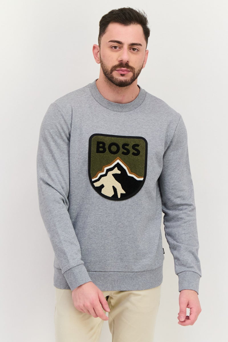 BOSS Men Crew Neck Long Sleeves Vintage  Logo Sweatshirt, Grey  - Image 1