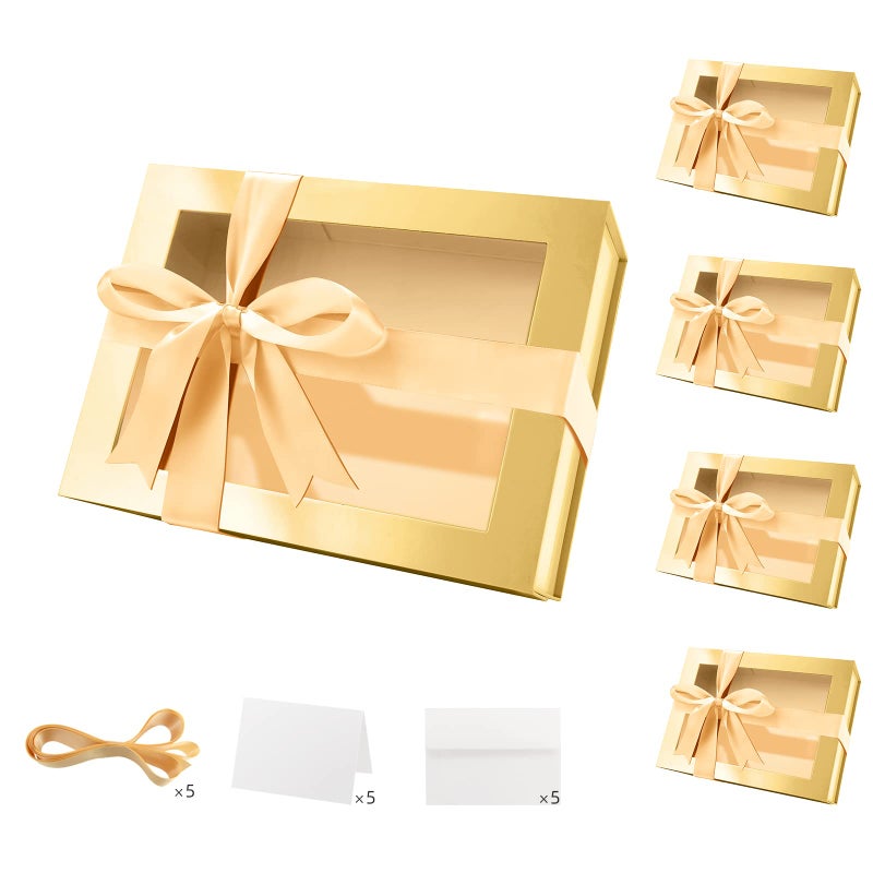 PACKQUEEN 5 Gold Mothers Day Gift Boxes with Windows 9x65x38 Inches Clear Gift Boxes for Presents Contain Ribbons Cards Bridesmaid Proposal Boxes Christmas Gift Boxes with Magnetic Lids Glossy Gold