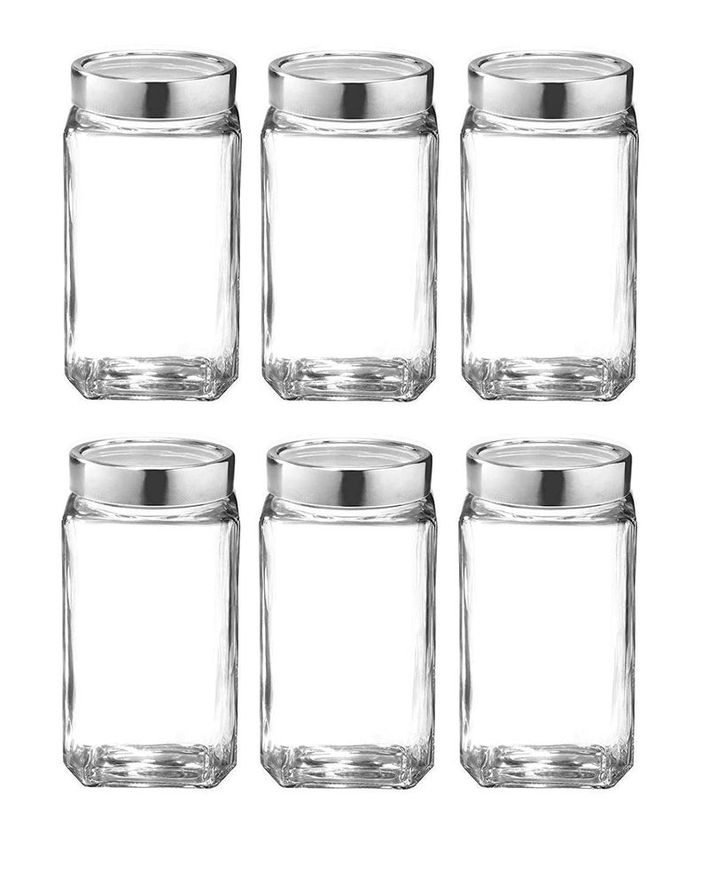 castanea Glass Jar with Lid, Glass Container for Kitchen, Cube Glass jar For Spice Masala herbs (2000 ml, Transparent) -pack of 6 - Image 1