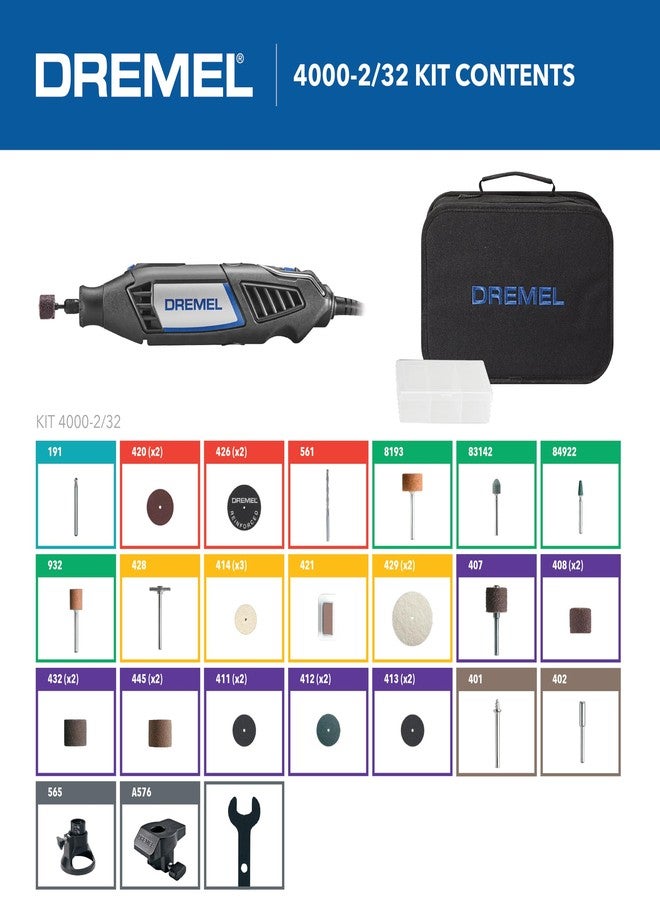 درمل مجموعة أدوات دوارة متغيرة السرعة من Dremel 4000-2/32 - نقش، وتلميع، وصنفرة - مثالية للقطع، والصنفرة التفصيلية، والنقش، ونحت الخشب، والتلميع - ملحقان و32 ملحقًا - Image 2