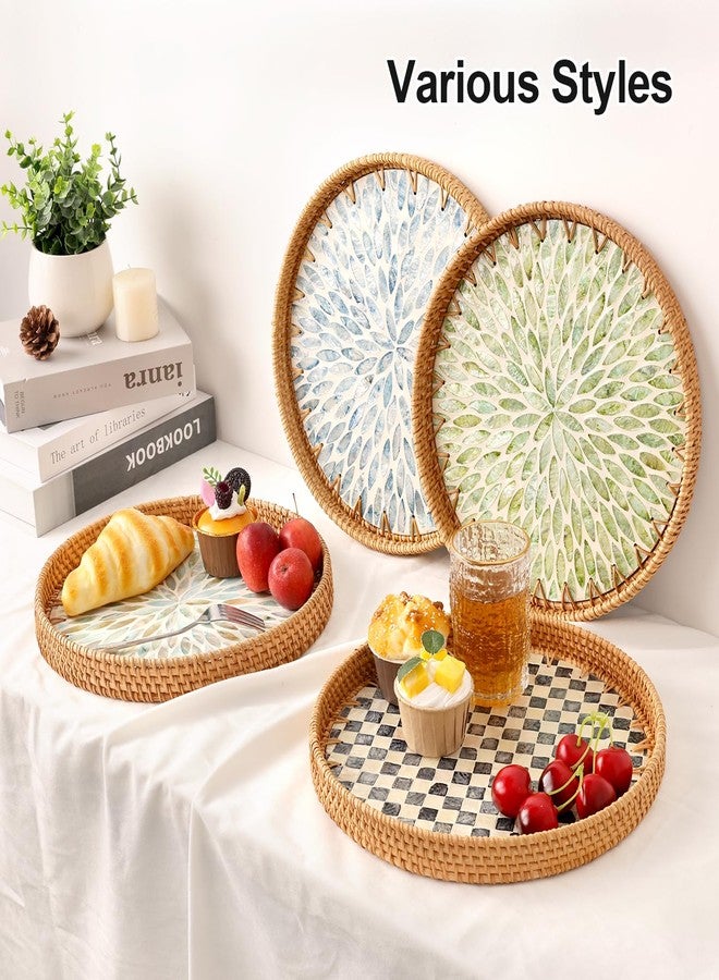 Tynulox Round Rattan Serving Tray, Coffee Table Tray with Mother of Pearl Inlay, Exquisite Wicker Basket for Coffee, Bread, Fruits, Snacks, Table Decor (Round Checkerboard, 11.8") - Image 4