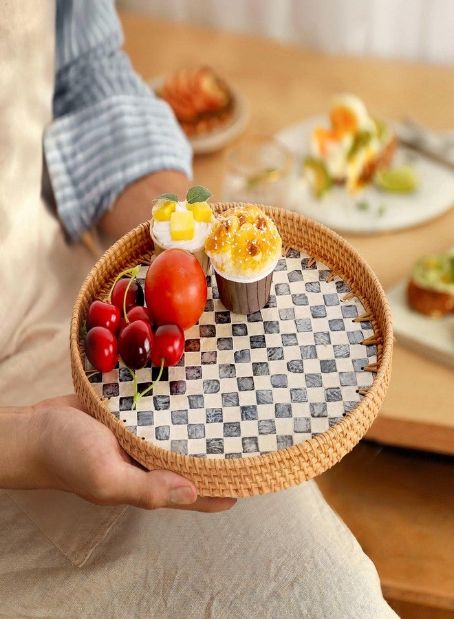 Tynulox Round Rattan Serving Tray, Coffee Table Tray with Mother of Pearl Inlay, Exquisite Wicker Basket for Coffee, Bread, Fruits, Snacks, Table Decor (Round Checkerboard, 11.8") - Image 3