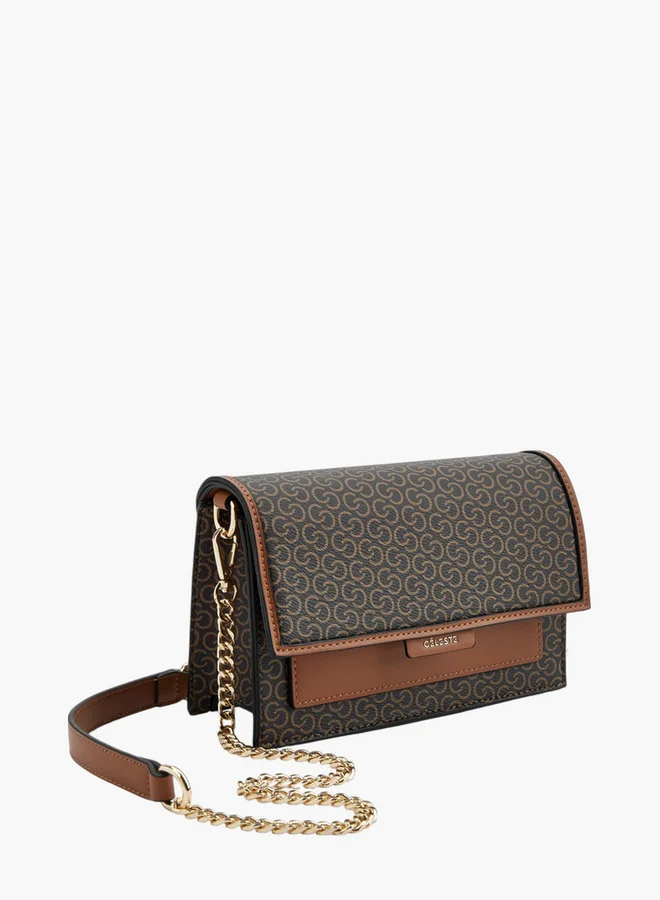 Celeste Women Monogram Print Crossbody Bag with Chain Strap and Snap Button Closure