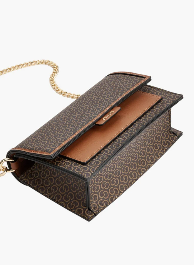 Celeste Women Monogram Print Crossbody Bag with Chain Strap and Snap Button Closure