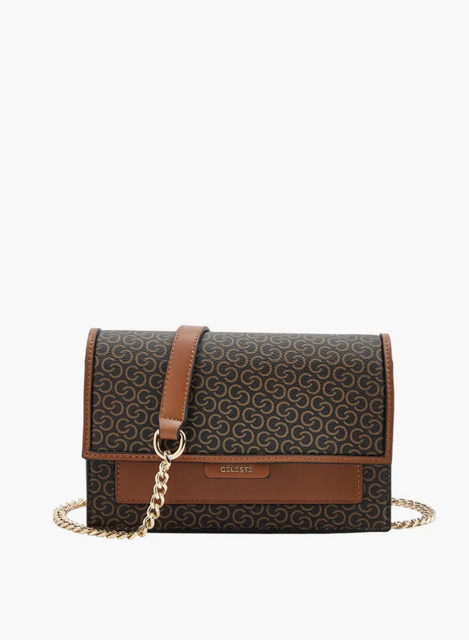 Celeste Women Monogram Print Crossbody Bag with Chain Strap and Snap Button Closure