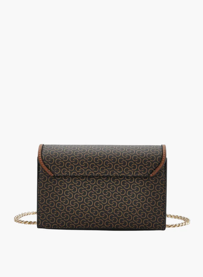 Celeste Women Monogram Print Crossbody Bag with Chain Strap and Snap Button Closure