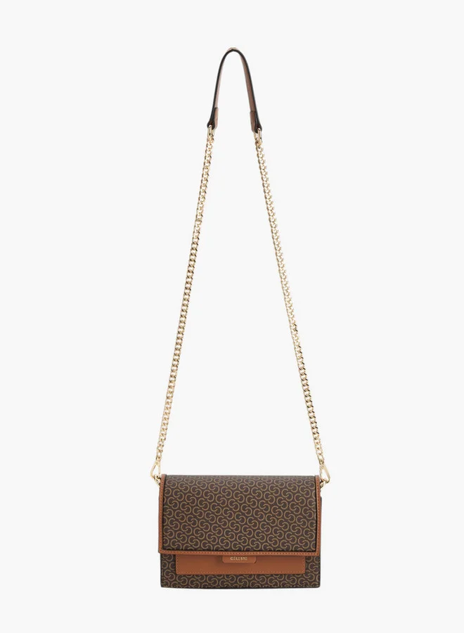 Celeste Women Monogram Print Crossbody Bag with Chain Strap and Snap Button Closure