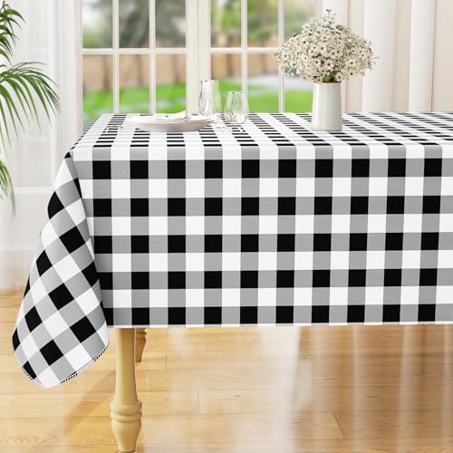 misaya Rectangle Waterproof Vinyl Table Cloth Buffalo Flannel Backed Tablecloth Wipeable Plastic Table Cover for Dinner Kitchen Outdoor 60 x 84 Black and White