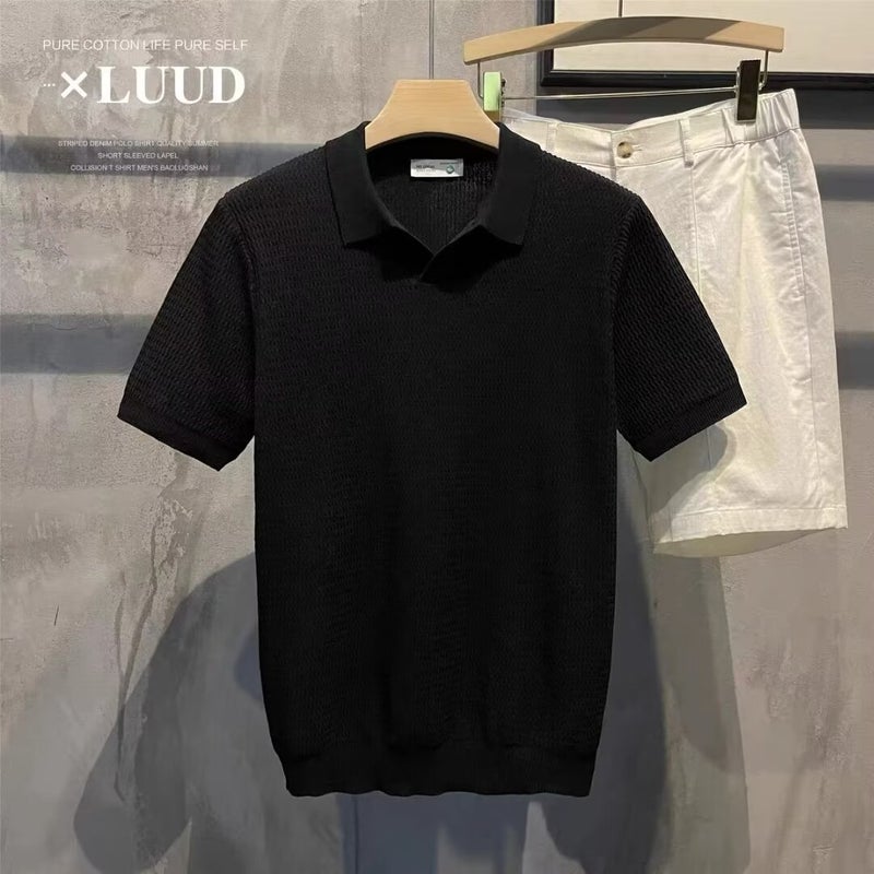 Mens Slim Fit V-Neck Polo Shirt Short Sleeve Casual Knit Top - Image 3