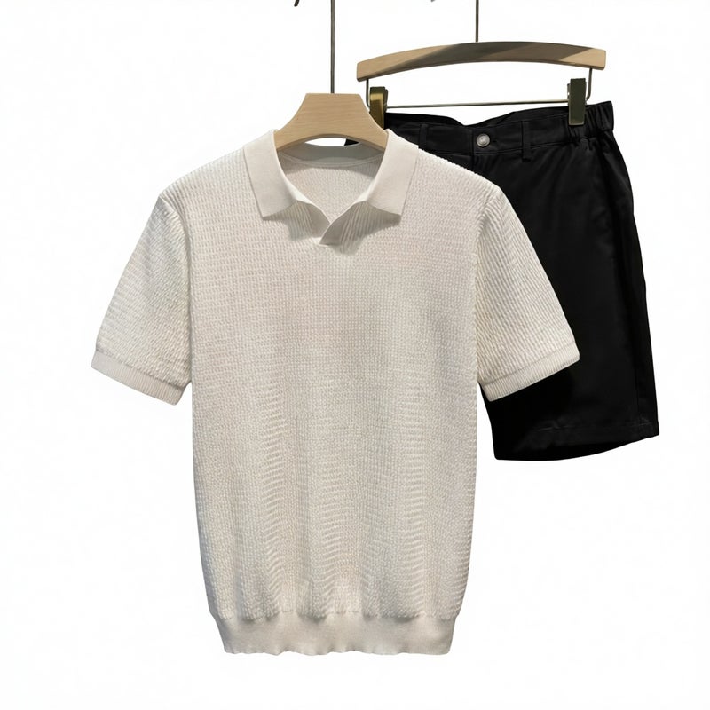 Mens Slim Fit V-Neck Polo Shirt Short Sleeve Casual Knit Top - Image 1
