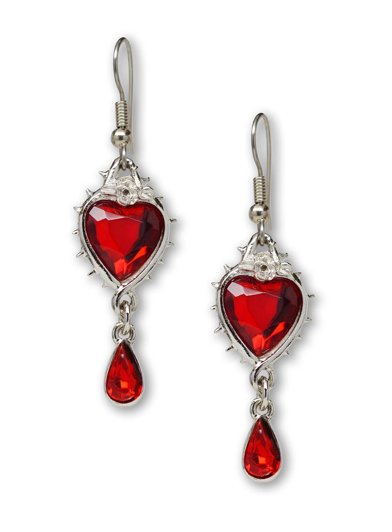 Real Metal Valentines' Day Red Heart Romance Dangle Earrings Austrian Crystals Thorns and Roses Silver Finish - Image 1