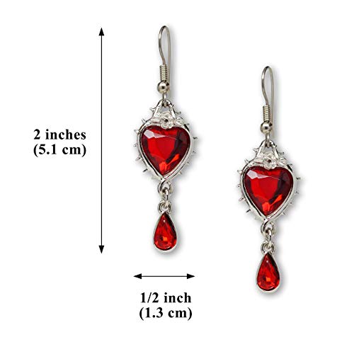 Real Metal Valentines' Day Red Heart Romance Dangle Earrings Austrian Crystals Thorns and Roses Silver Finish - Image 3