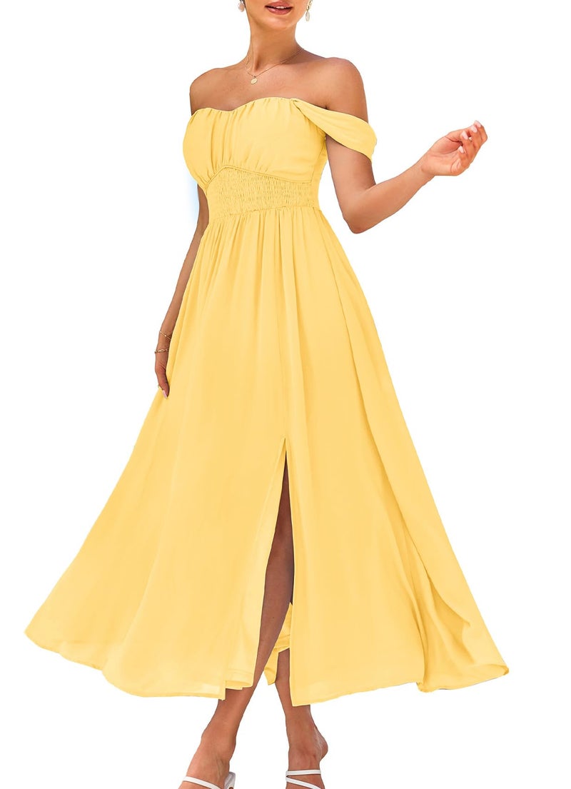GRACE KARIN 2024 Women's Summer Sleeveless Off Shoulder Floral Flowy A Line Maxi Dresses Light Yellow S  - Image 1