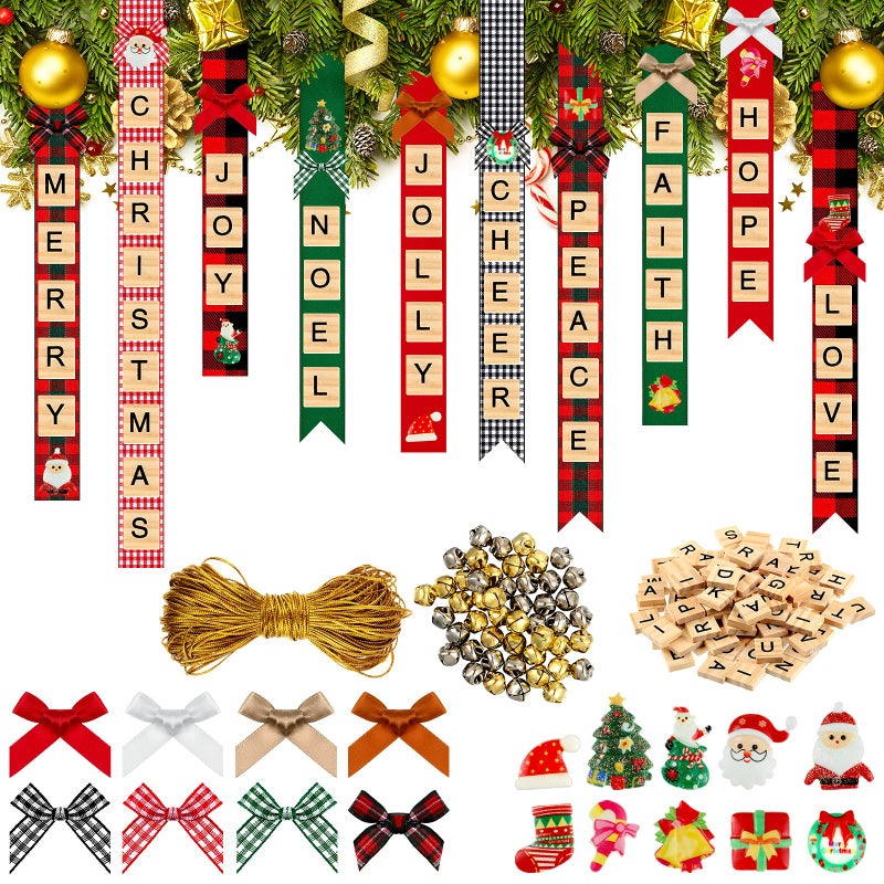 321 Pieces Christmas Tree Ornaments Personalized Crafts Christmas Wooden Capital Letter Tiles Xmas Tree Ornaments Rustic Stockings Name Tags Hanging Bells Ribbon Bowknots Xmas for Kids Adult