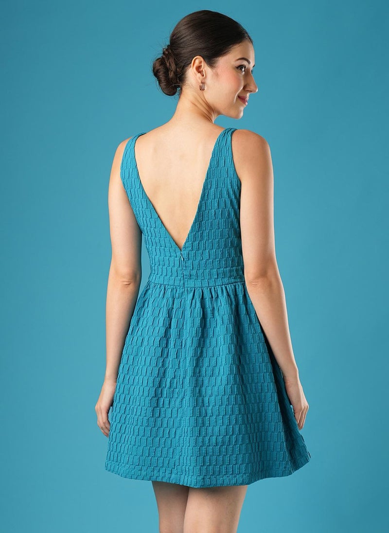Globus Women Teal Self Design Party Dress with Boat Neck and Gathered Flare - Image 4