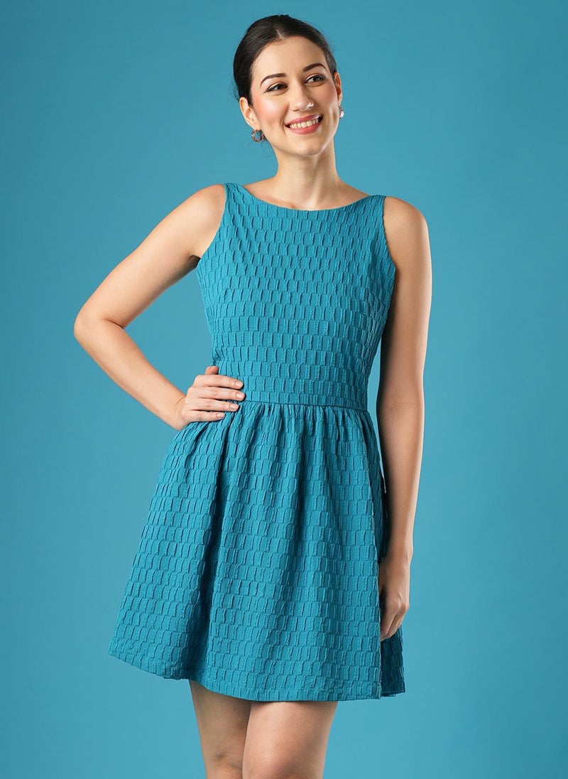 Globus Women Teal Self Design Party Dress with Boat Neck and Gathered Flare - Image 1