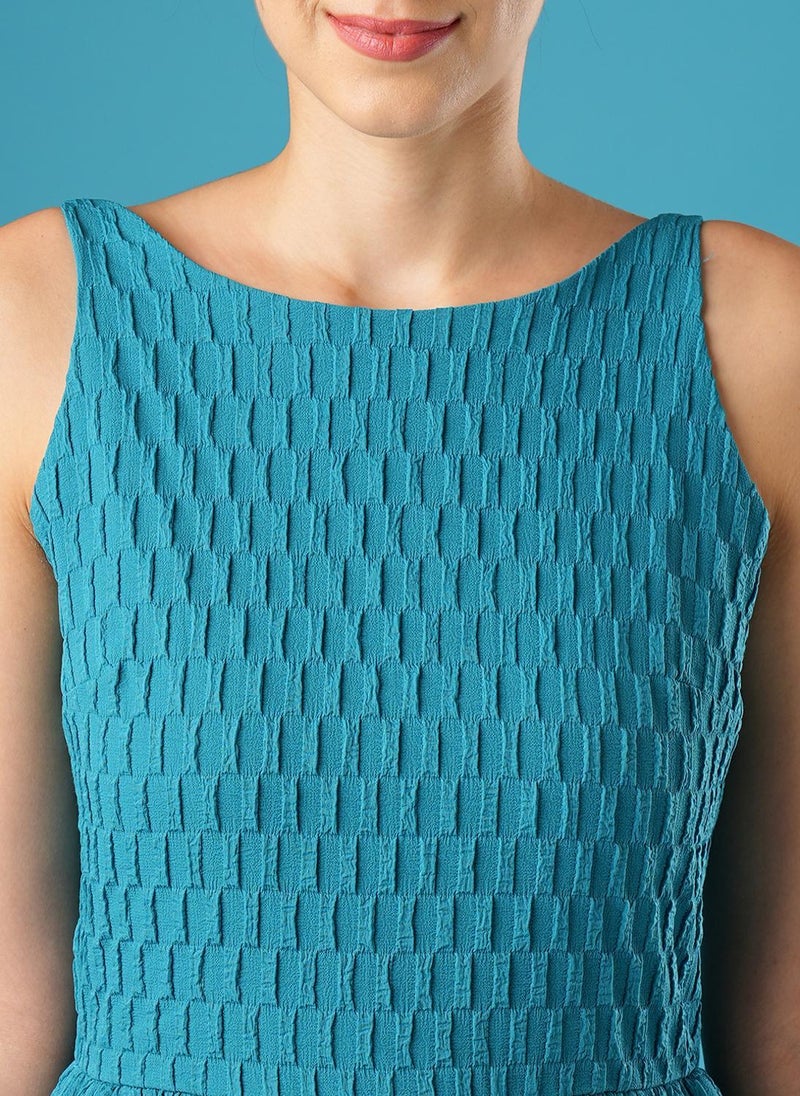 Globus Women Teal Self Design Party Dress with Boat Neck and Gathered Flare - Image 5