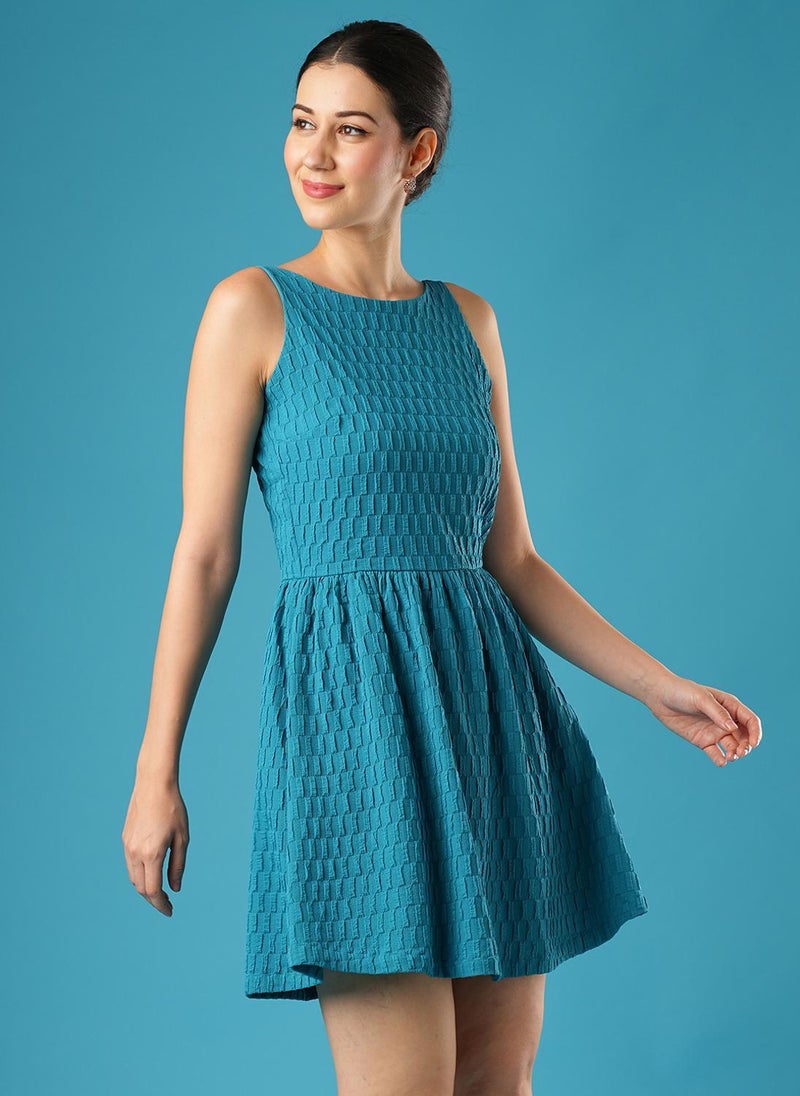 Globus Women Teal Self Design Party Dress with Boat Neck and Gathered Flare - Image 3