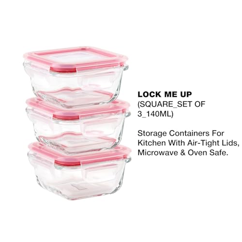 DUBBLIN Lock Me Up Glass Heat Resistant Borosilicate Glass Container Set of 3, 140ml - Square, Clear | Oven, Freezer & Microwave Safe Storage Solution (3 Piece) - Image 2