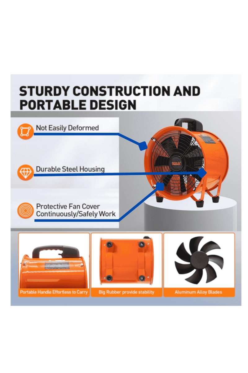 بوناي مروحة تهوية صناعية محمولة مقاس ١٠ بوصات، منفاخ عالي السرعة بقوة ٣٥٠ واط، ٢٩٠٠ دورة في الدقيقة، تدفق هواء ٤٥ متر مكعب/دقيقة، طور واحد، للورش والإنشاءات وقنوات التهوية، BN-HK51 - Image 4