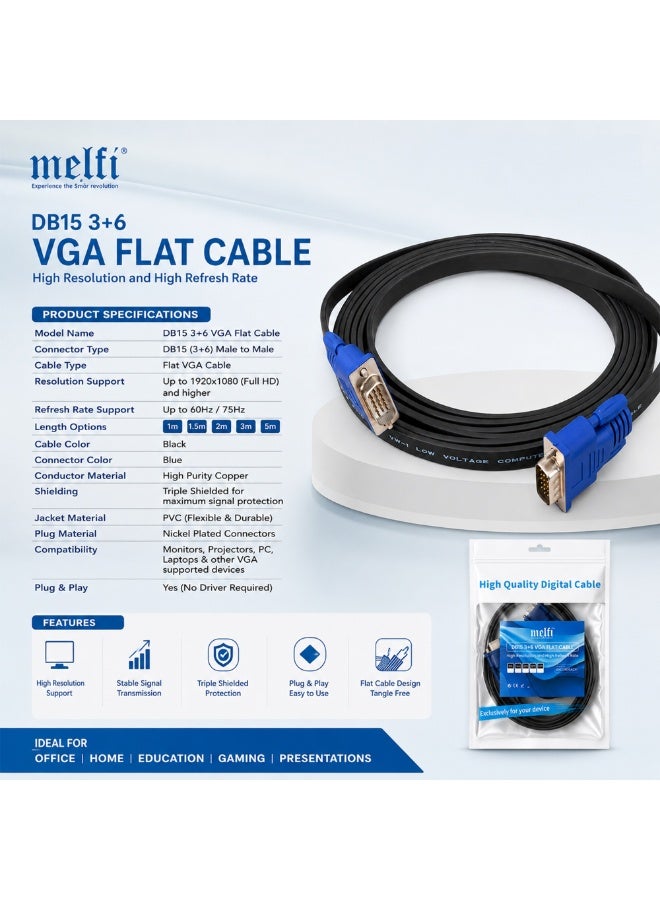 melfi ميلفي DB15 3+6 كابل VGA مسطح من ذكر إلى ذكر – كابل فيديو بدقة Full HD 1080P، ثلاثي الحماية، نحاس عالي النقاء، كابل VGA للتوصيل والتشغيل للشاشة، البروجيكتور، الكمبيوتر المحمول والكمبيوتر الشخصي (1.5 MTR, VGA) - Image 2
