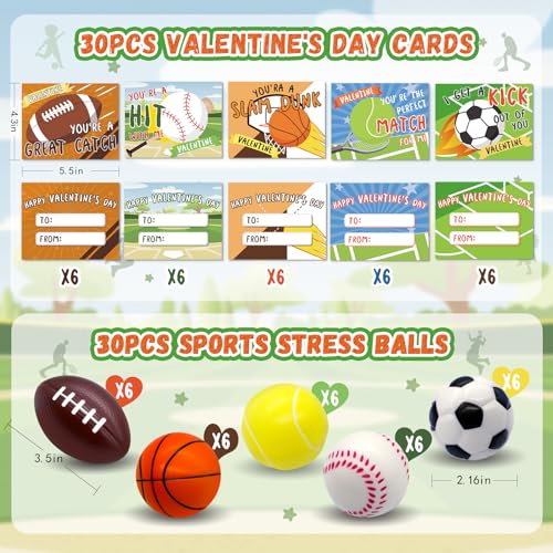 PaLeyFer 30 Pack Sports Stress Balls Sets Valentines Day Gifts Cards for Kids Classroom Exchange Prize Valentines Sports Squeeze Foam Balls Party Favors for Boys Girls Valentines Greeting Cards - Image 5