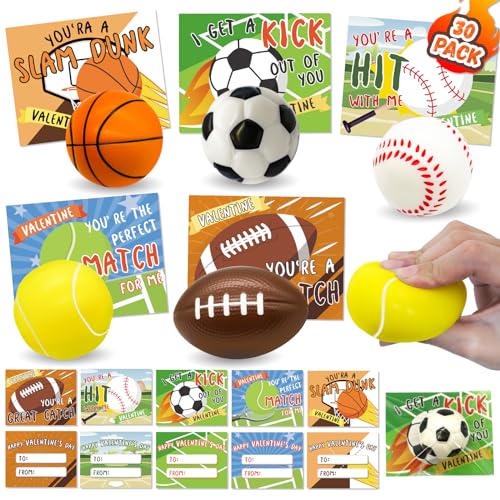 PaLeyFer 30 Pack Sports Stress Balls Sets Valentines Day Gifts Cards for Kids Classroom Exchange Prize Valentines Sports Squeeze Foam Balls Party Favors for Boys Girls Valentines Greeting Cards - Image 1