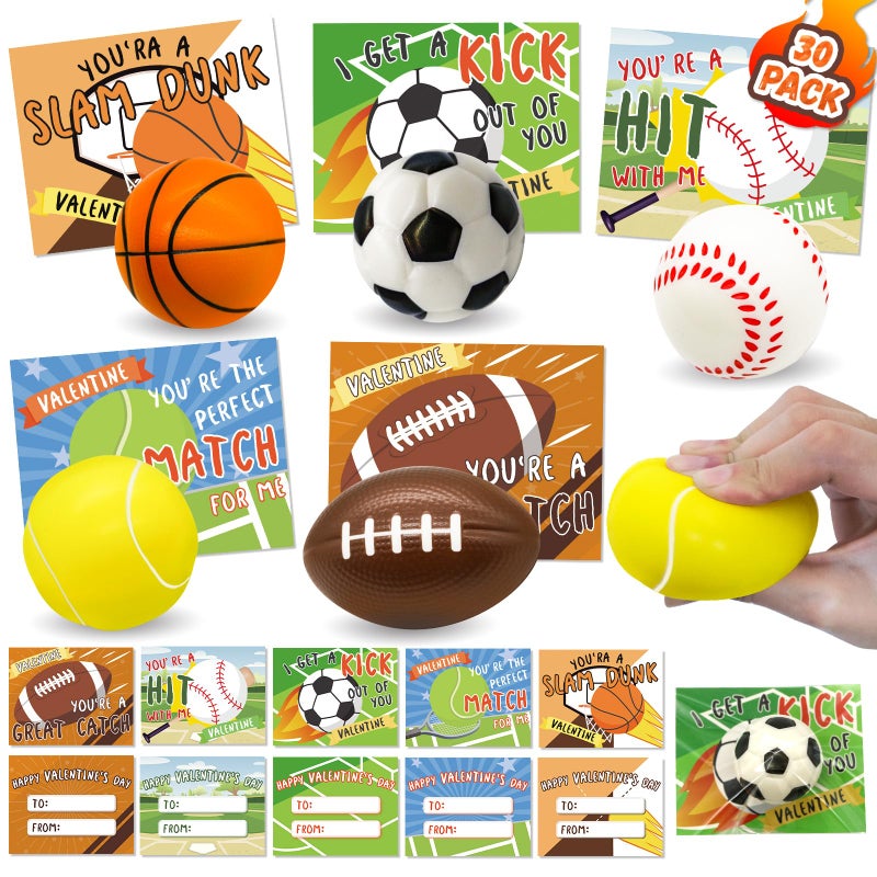 PaLeyFer 30 Pack Sports Stress Balls Sets Valentines Day Gifts Cards for Kids Classroom Exchange Prize Valentines Sports Squeeze Foam Balls Party Favors for Boys Girls Valentines Greeting Cards - Image 3